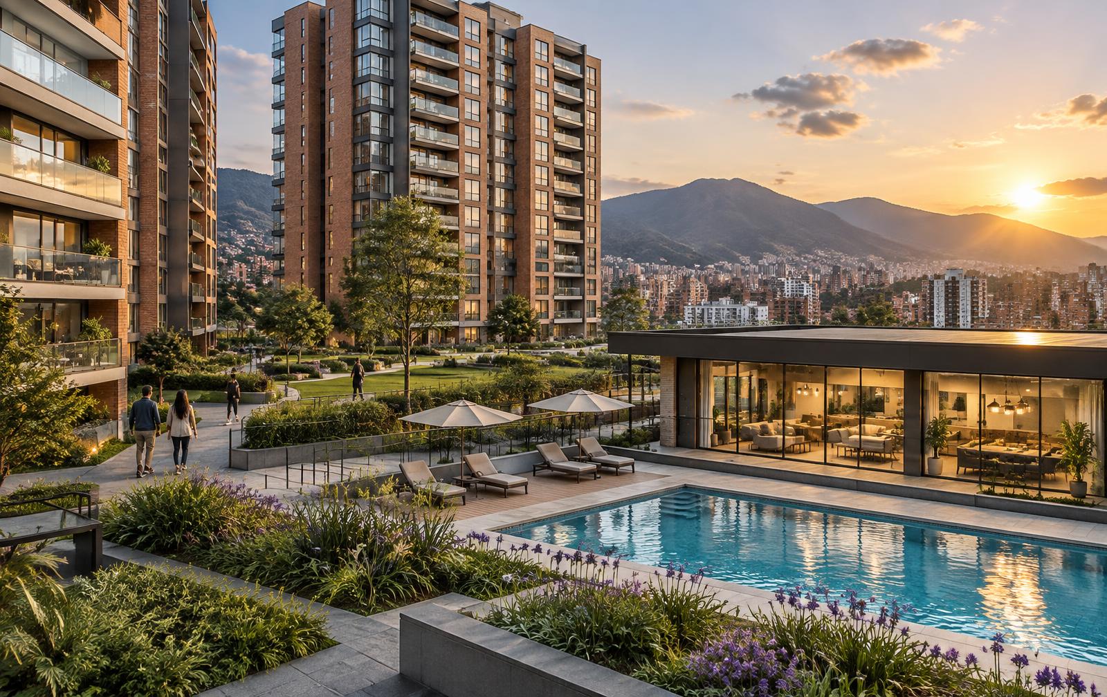 Conjunto residencial moderno con piscina y zonas verdes
